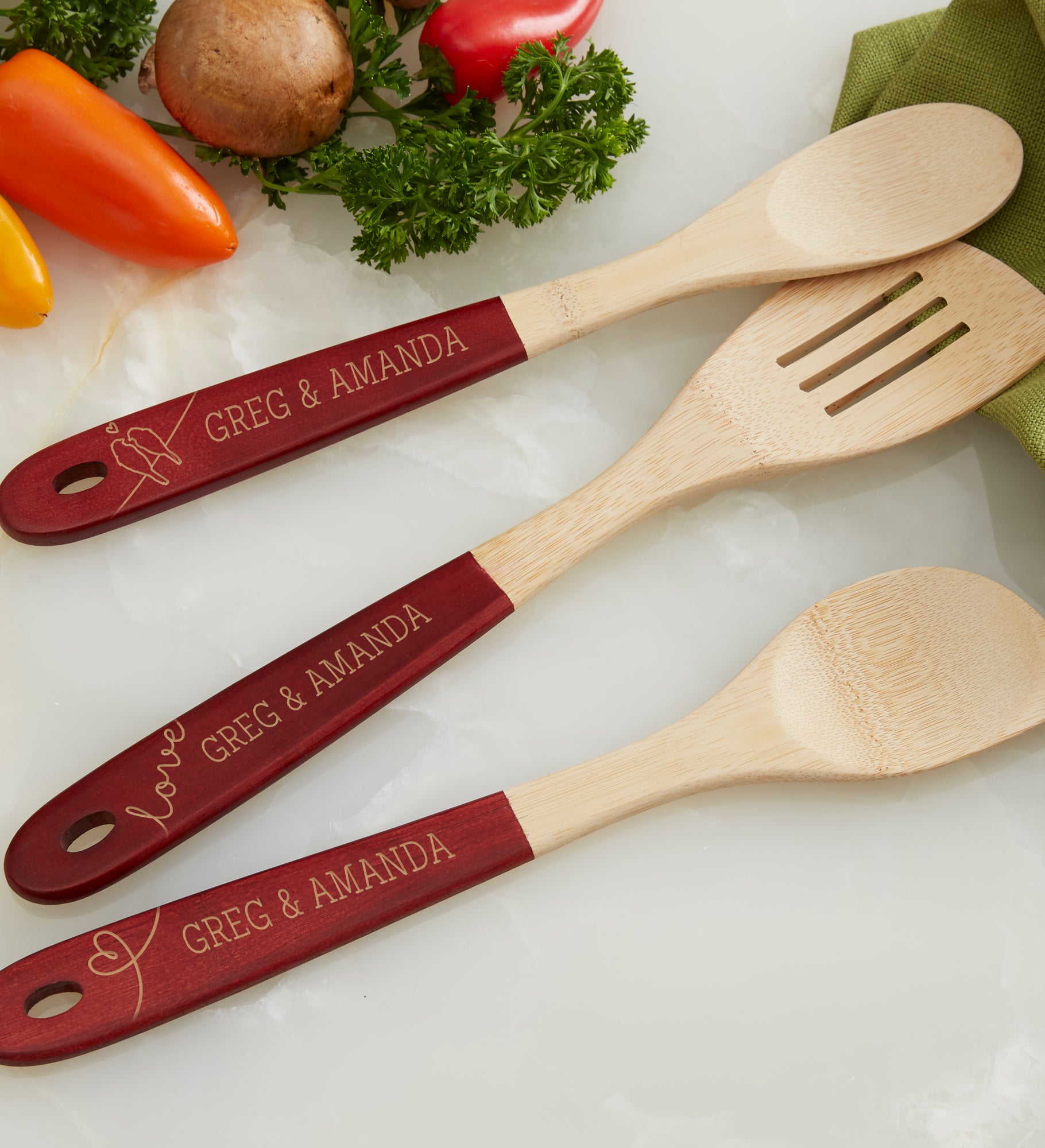 Lovebirds Personalized Red-Handled Bamboo Cooking Utensils- 3pc Set